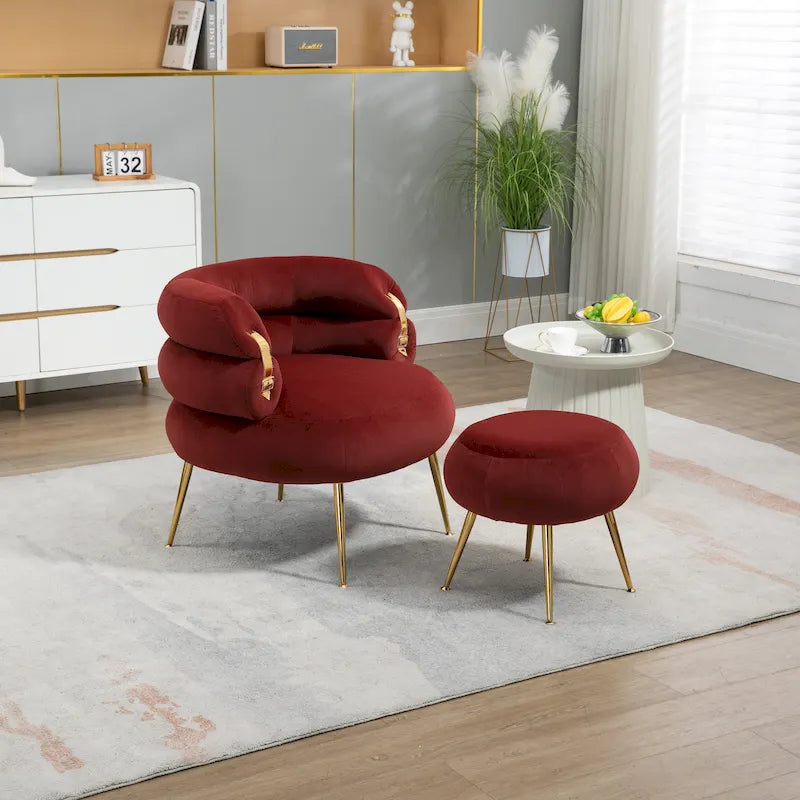 Fauteuil tonneau moderne rouge lie-de-vin de 73,9 cm avec pouf