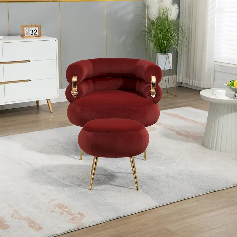 Fauteuil tonneau moderne rouge lie-de-vin de 73,9 cm avec pouf