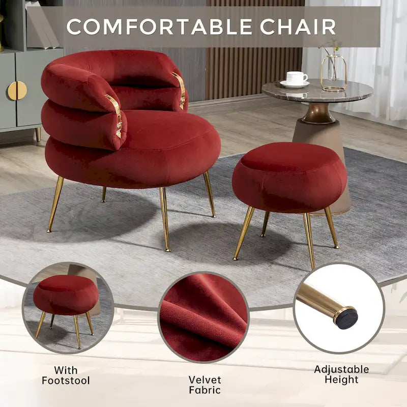 Fauteuil tonneau moderne rouge lie-de-vin de 73,9 cm avec pouf