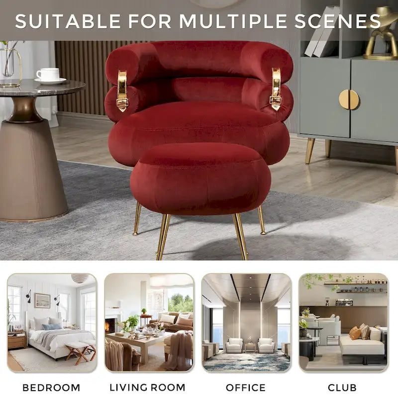 Fauteuil tonneau moderne rouge lie-de-vin de 73,9 cm avec pouf