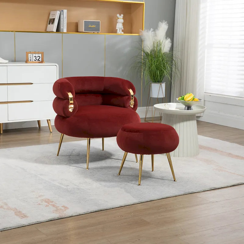Fauteuil tonneau moderne rouge lie-de-vin de 73,9 cm avec pouf