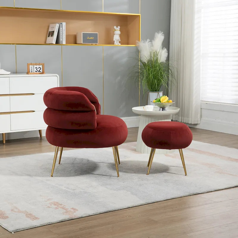 Fauteuil tonneau moderne rouge lie-de-vin de 73,9 cm avec pouf