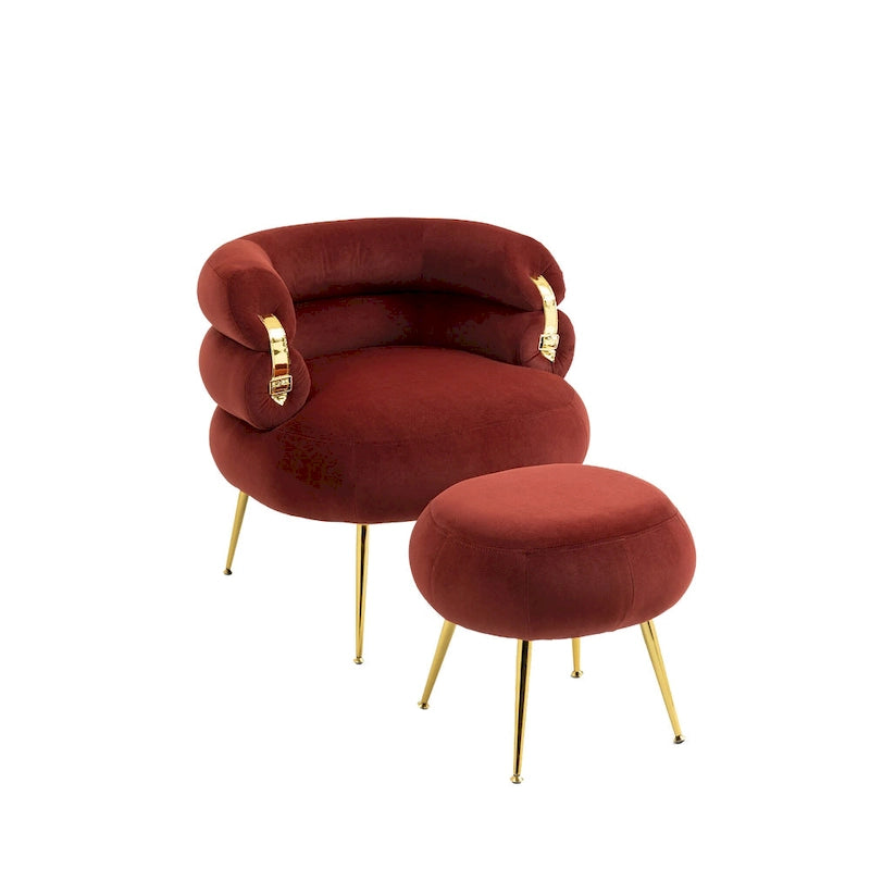 Fauteuil tonneau moderne rouge lie-de-vin de 73,9 cm avec pouf