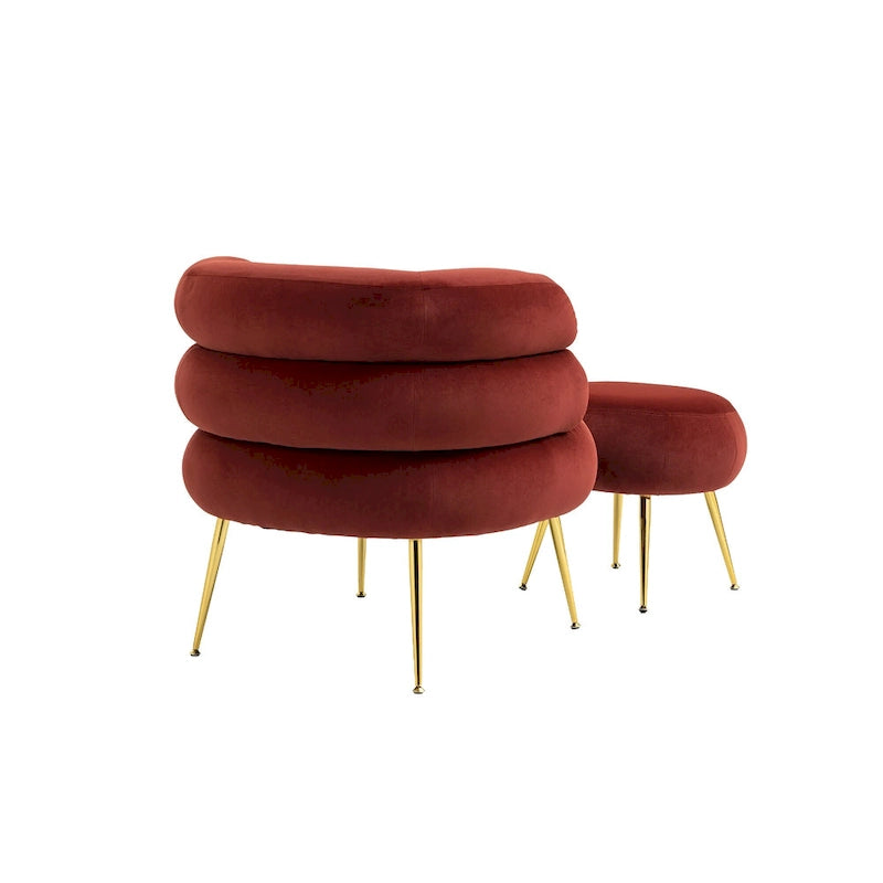 Fauteuil tonneau moderne rouge lie-de-vin de 73,9 cm avec pouf