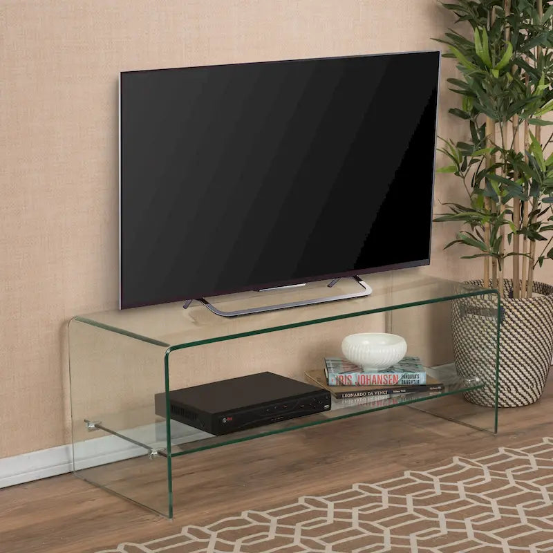Meuble TV avec fond ouvert et étagère en verre pour téléviseurs jusqu'à