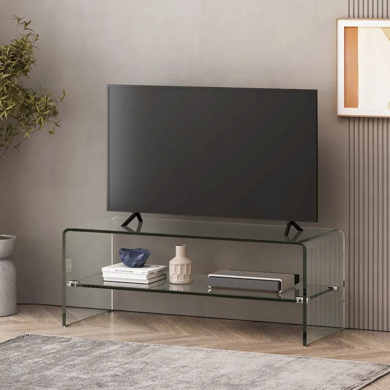 Meuble TV avec fond ouvert et étagère en verre pour téléviseurs jusqu'à