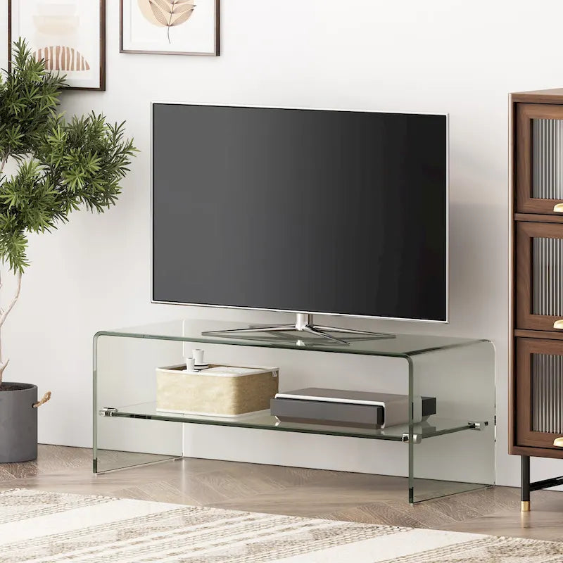Meuble TV avec fond ouvert et étagère en verre pour téléviseurs jusqu'à