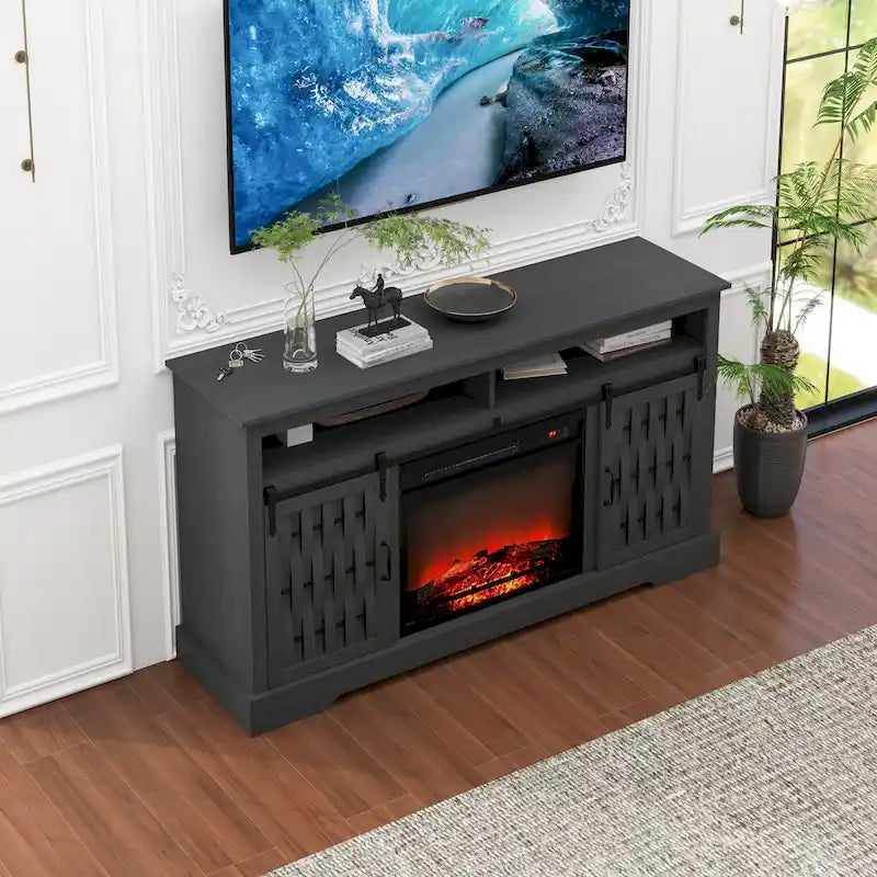 Meuble TV avec cheminée électrique et portes coulissantes de style grange pour téléviseurs jusqu'à
