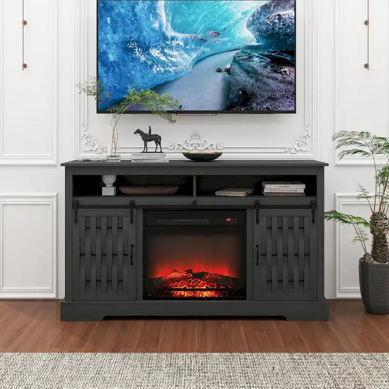 Meuble TV avec cheminée électrique et portes coulissantes de style grange pour téléviseurs jusqu'à