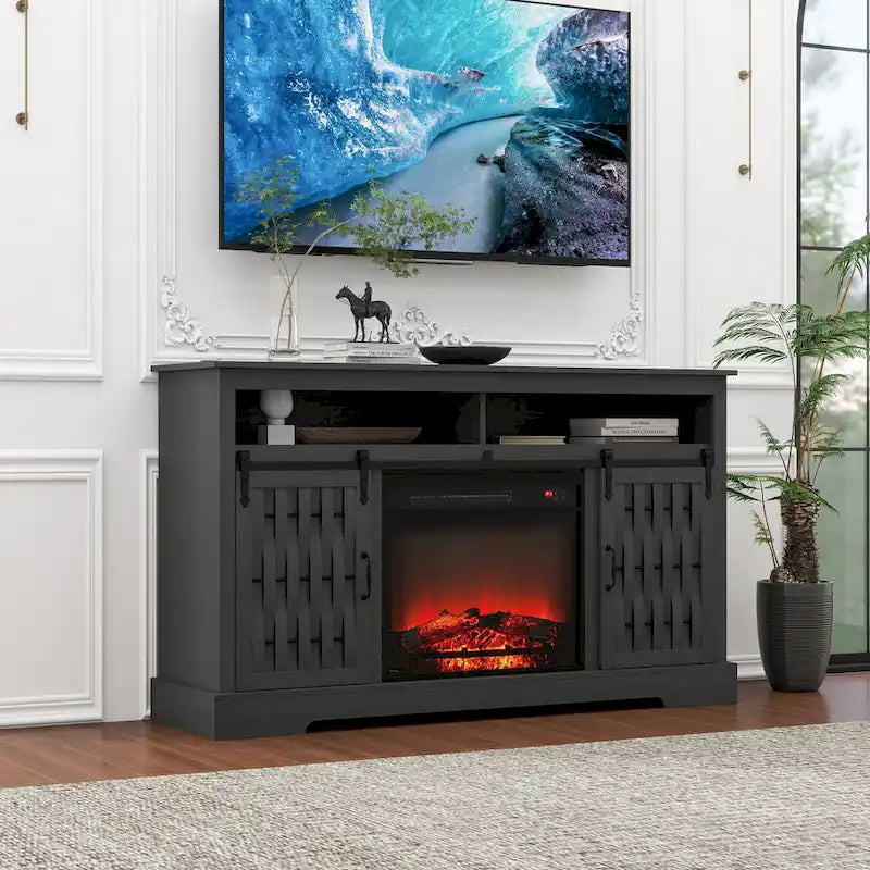 Meuble TV avec cheminée électrique et portes coulissantes de style grange pour téléviseurs jusqu'à