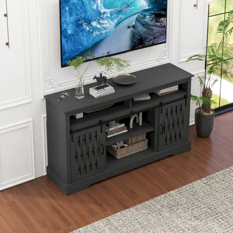 Meuble TV avec cheminée électrique et portes coulissantes de style grange pour téléviseurs jusqu'à