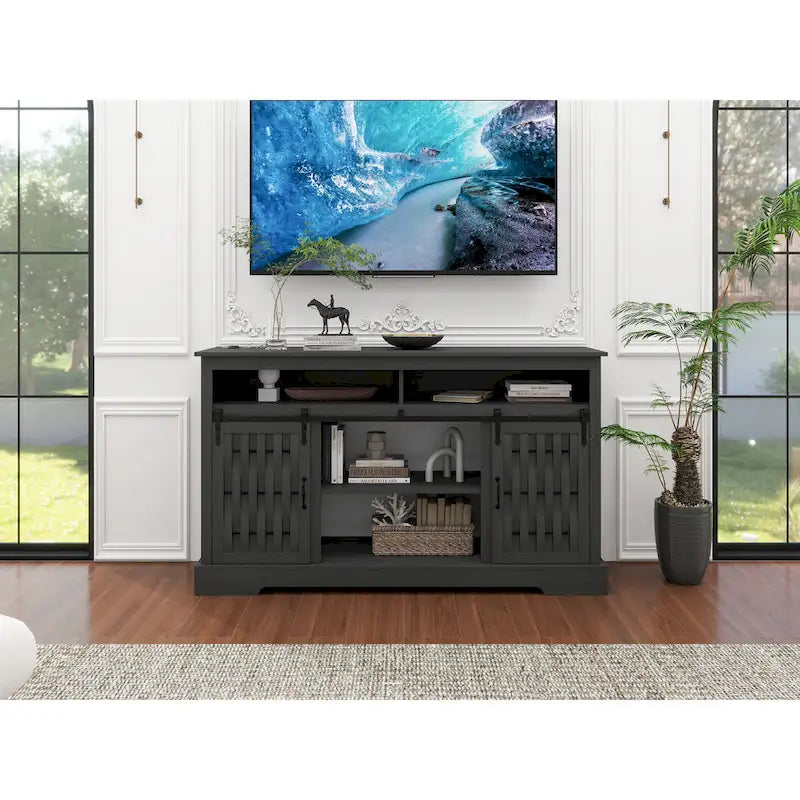 Meuble TV avec cheminée électrique et portes coulissantes de style grange pour téléviseurs jusqu'à