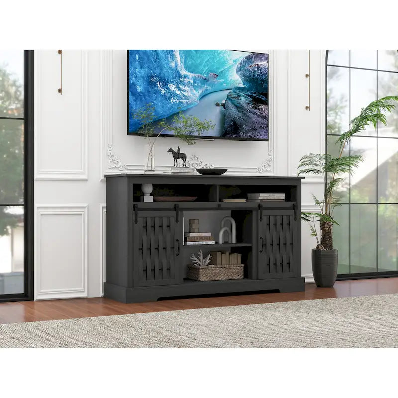Meuble TV avec cheminée électrique et portes coulissantes de style grange pour téléviseurs jusqu'à