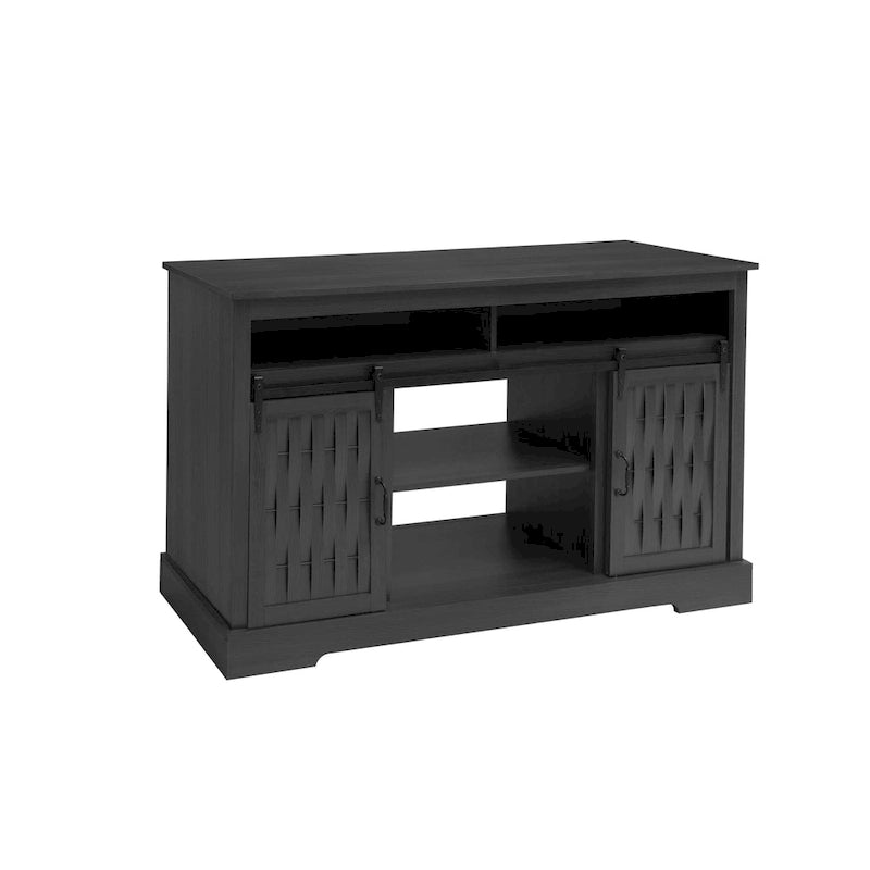 Meuble TV avec cheminée électrique et portes coulissantes de style grange pour téléviseurs jusqu'à