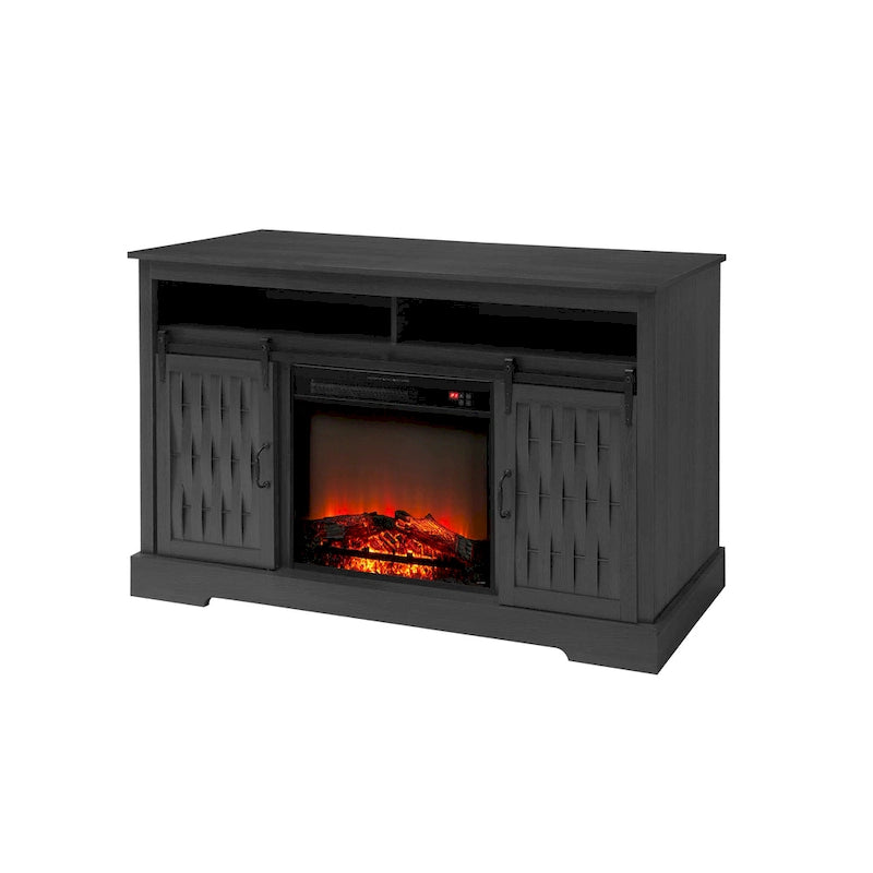 Meuble TV avec cheminée électrique et portes coulissantes de style grange pour téléviseurs jusqu'à