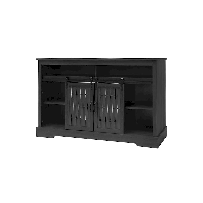 Meuble TV avec cheminée électrique et portes coulissantes de style grange pour téléviseurs jusqu'à