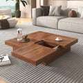 Table basse carrée en placage de marbre avec plateau coulissant et rangement en noyer