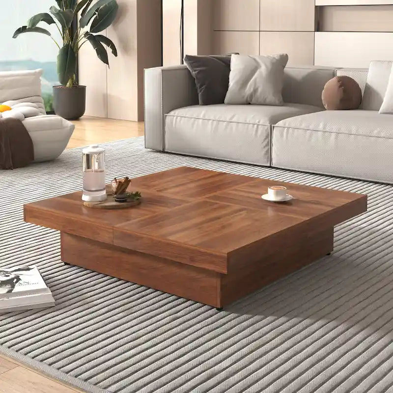 Table basse carrée en placage de marbre avec plateau coulissant et rangement en noyer