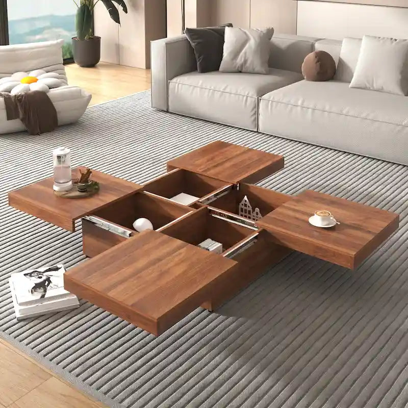 Table basse carrée en placage de marbre avec plateau coulissant et rangement en noyer