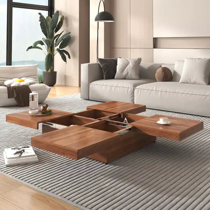 Table basse carrée en placage de marbre avec plateau coulissant et rangement en noyer