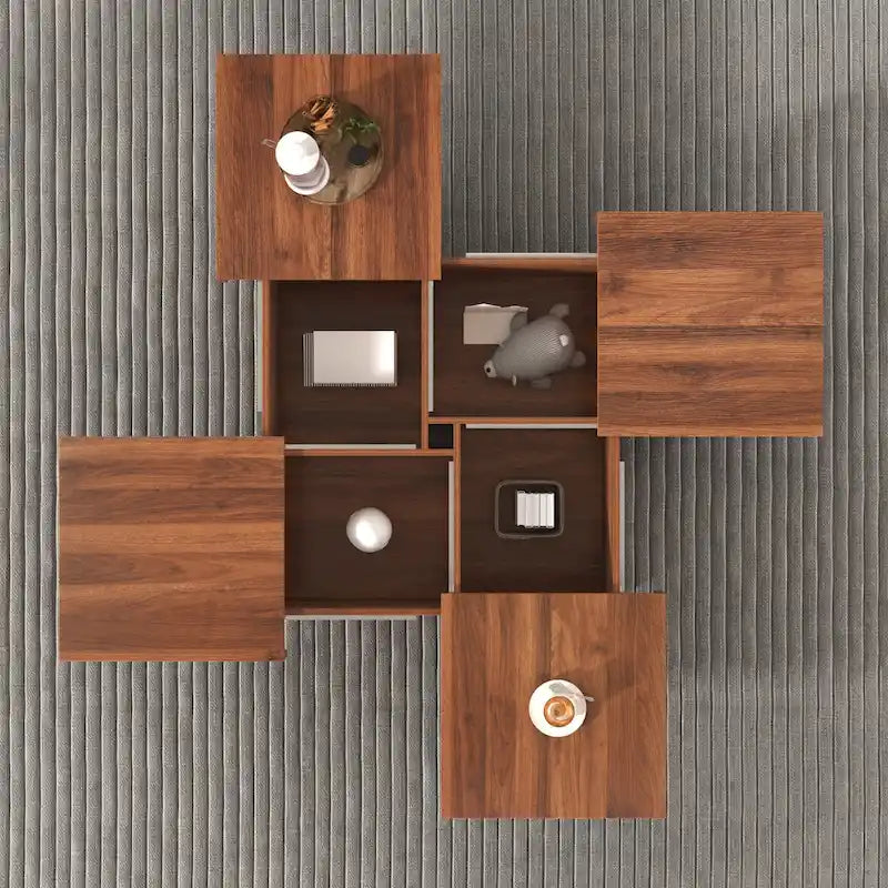 Table basse carrée en placage de marbre avec plateau coulissant et rangement en noyer
