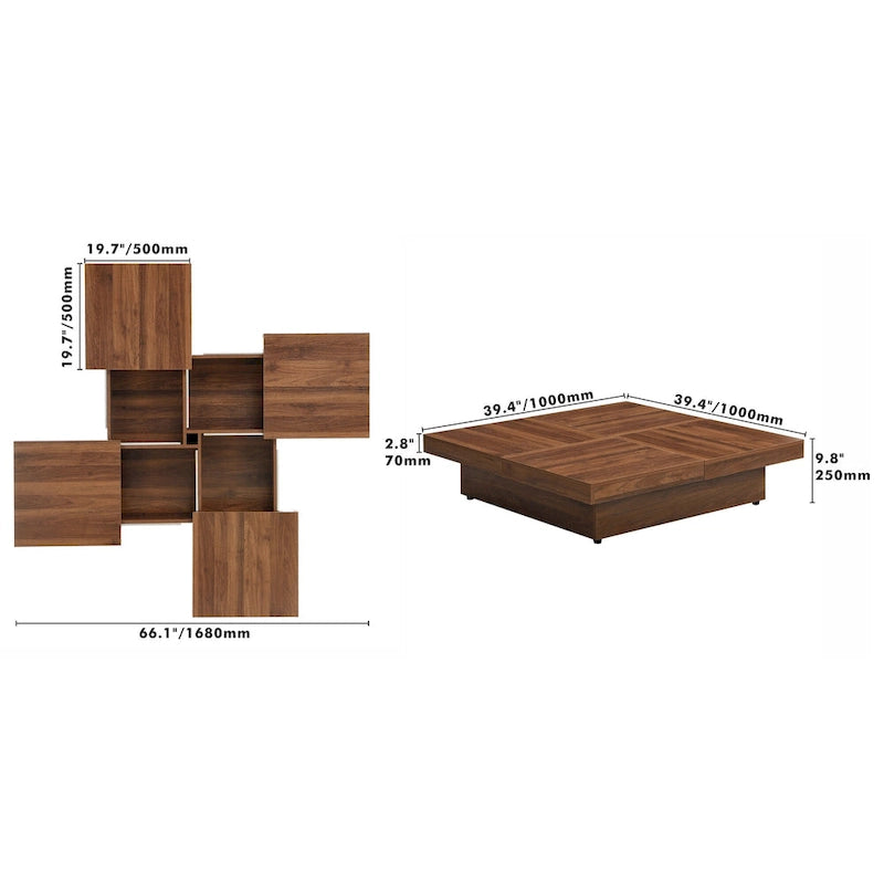 Table basse carrée en placage de marbre avec plateau coulissant et rangement en noyer