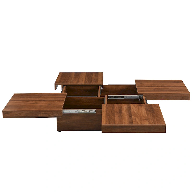 Table basse carrée en placage de marbre avec plateau coulissant et rangement en noyer