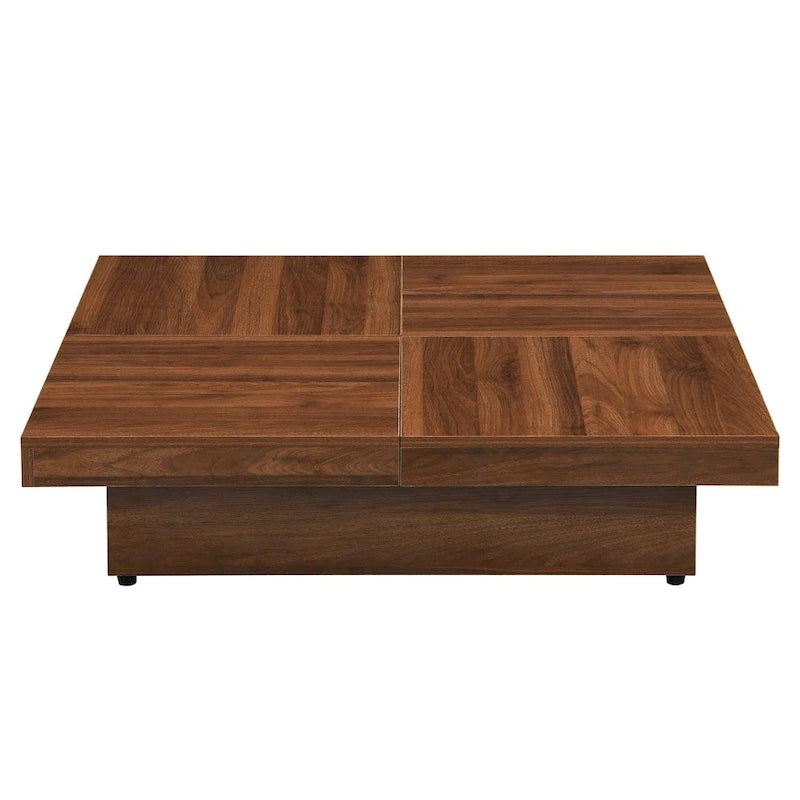 Table basse carrée en placage de marbre avec plateau coulissant et rangement en noyer