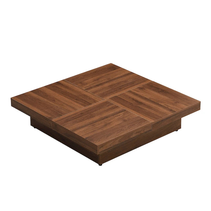 Table basse carrée en placage de marbre avec plateau coulissant et rangement en noyer