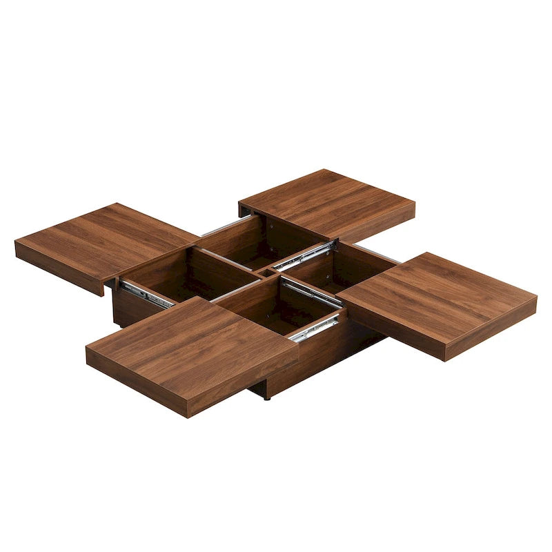 Table basse carrée en placage de marbre avec plateau coulissant et rangement en noyer