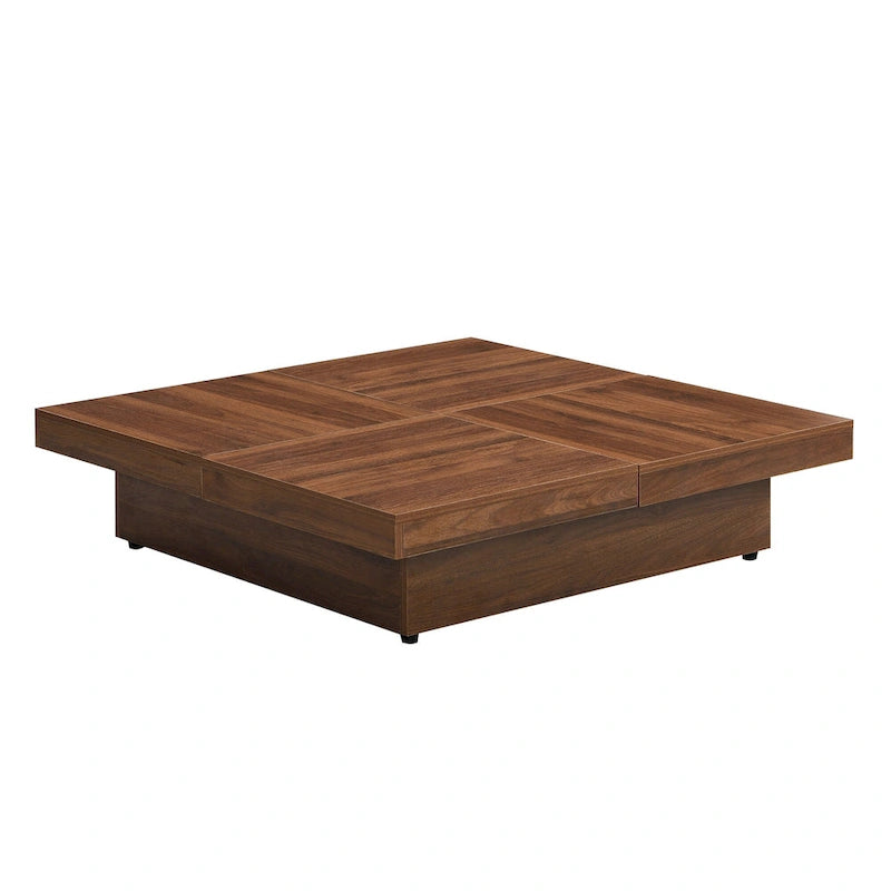 Table basse carrée en placage de marbre avec plateau coulissant et rangement en noyer