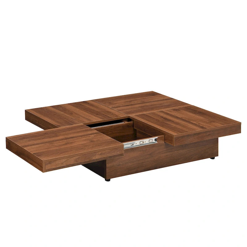 Table basse carrée en placage de marbre avec plateau coulissant et rangement en noyer