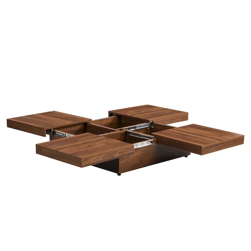 Table basse carrée en placage de marbre avec plateau coulissant et rangement en noyer