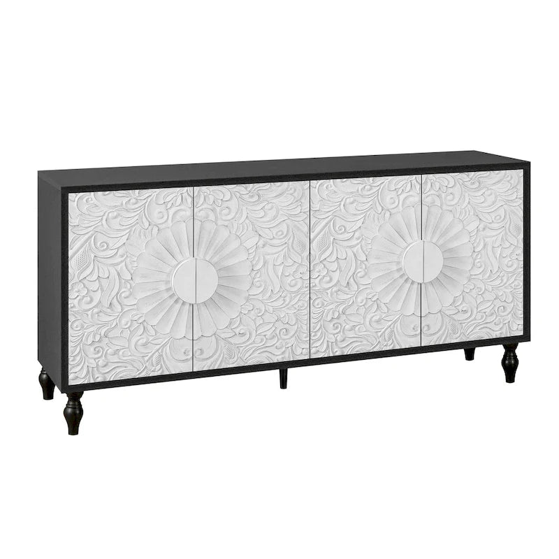 Grand buffet bas avec porte sculptée motif fleur de lys