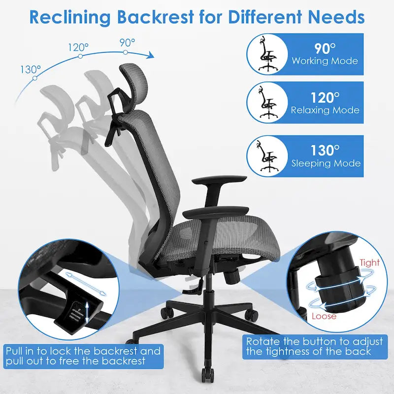 Chaise de bureau ergonomique à dossier haut en maille avec repose-pieds inclinable