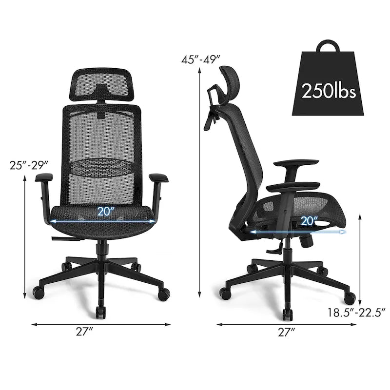 Chaise de bureau ergonomique à dossier haut en maille avec repose-pieds inclinable