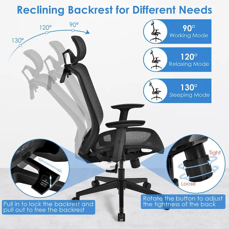 Chaise de bureau ergonomique à dossier haut en maille avec repose-pieds inclinable