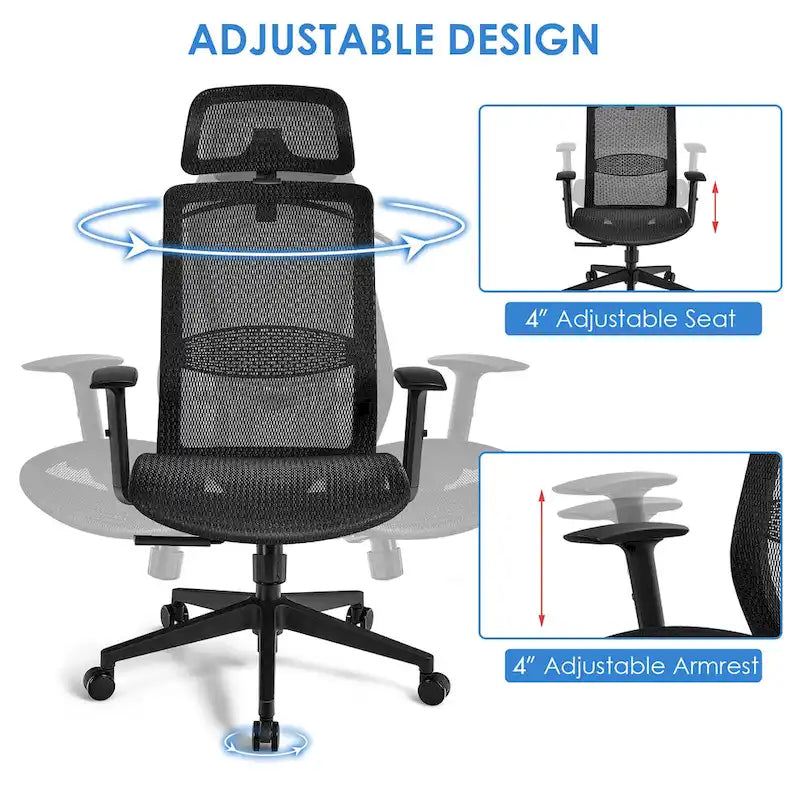 Chaise de bureau ergonomique à dossier haut en maille avec repose-pieds inclinable