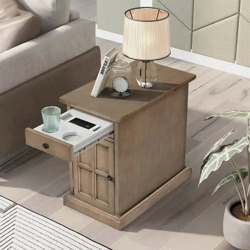 Table d'appoint avec ports USB et un tiroir multifonctionnel avec porte-gobelets