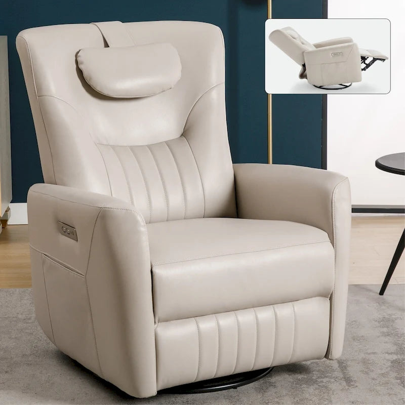 Fauteuil à bascule électrique pivotant avec oreillers de soutien lombaire et cervical.