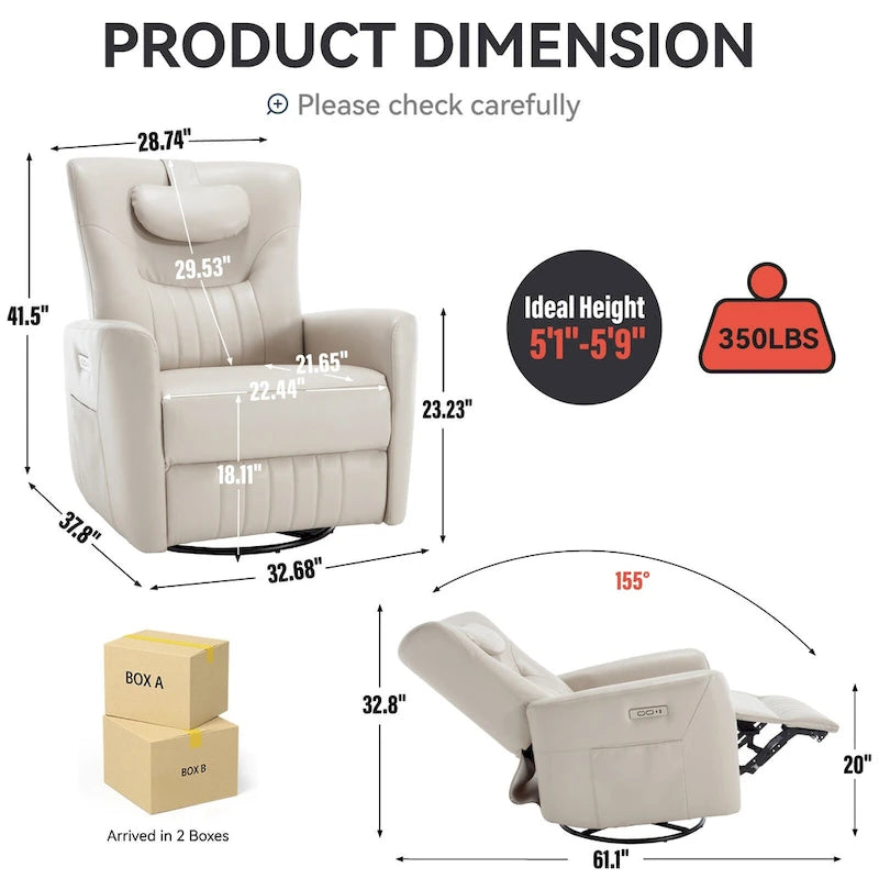 Fauteuil à bascule électrique pivotant avec oreillers de soutien lombaire et cervical.