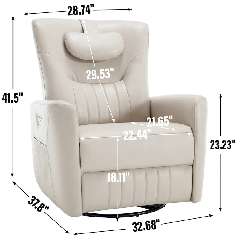 Fauteuil à bascule électrique pivotant avec oreillers de soutien lombaire et cervical.