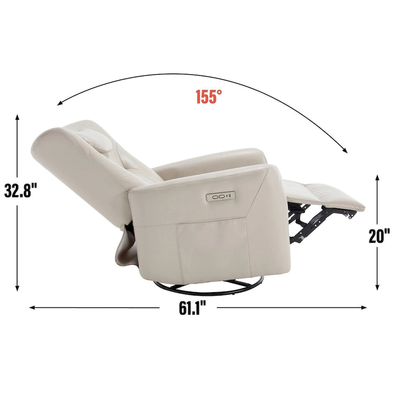 Fauteuil à bascule électrique pivotant avec oreillers de soutien lombaire et cervical.