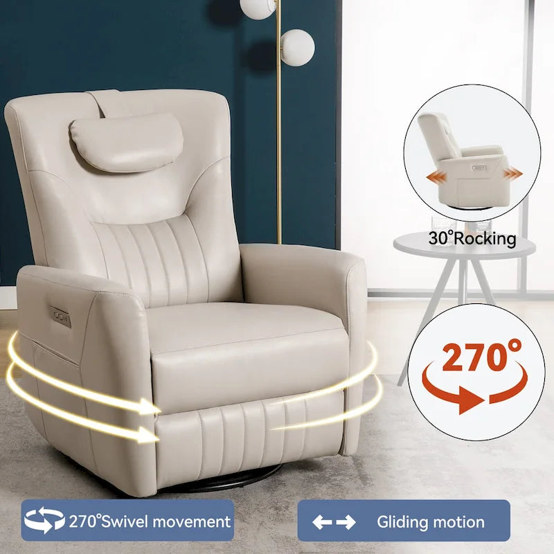 Fauteuil à bascule électrique pivotant avec oreillers de soutien lombaire et cervical.