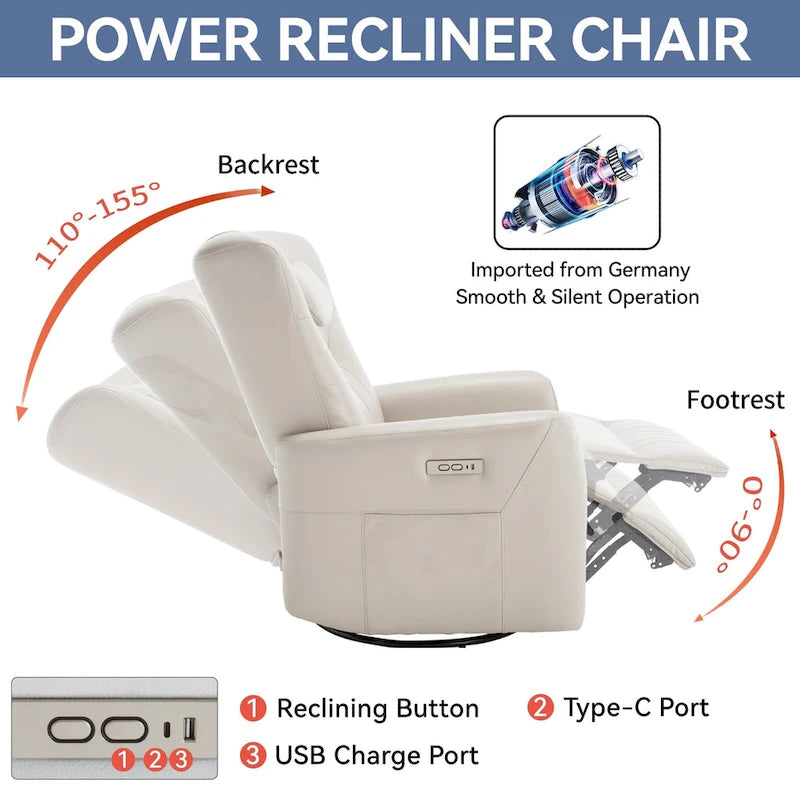 Fauteuil à bascule électrique pivotant avec oreillers de soutien lombaire et cervical.