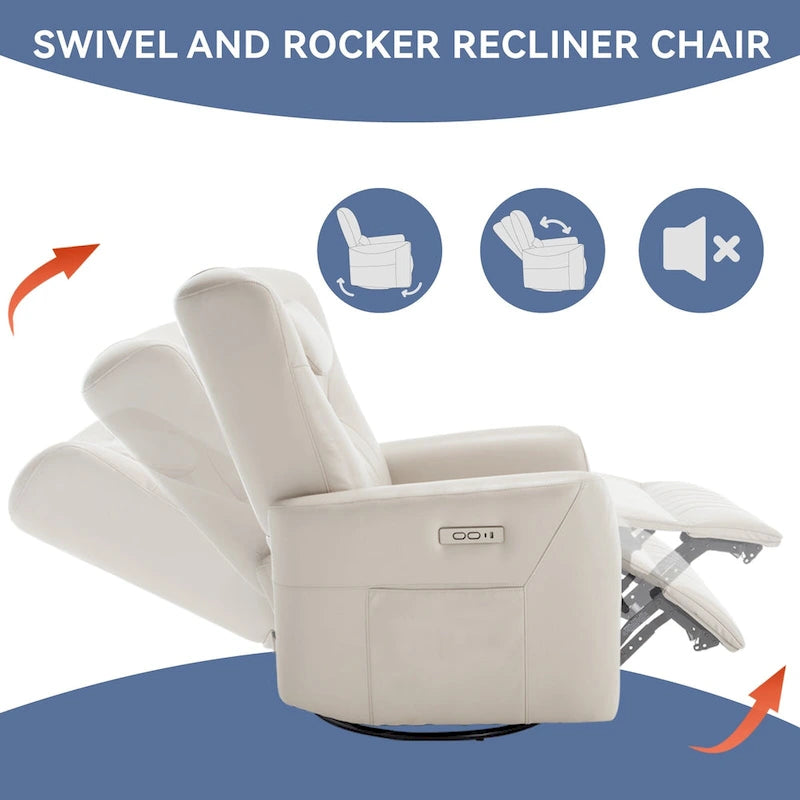 Fauteuil à bascule électrique pivotant avec oreillers de soutien lombaire et cervical.