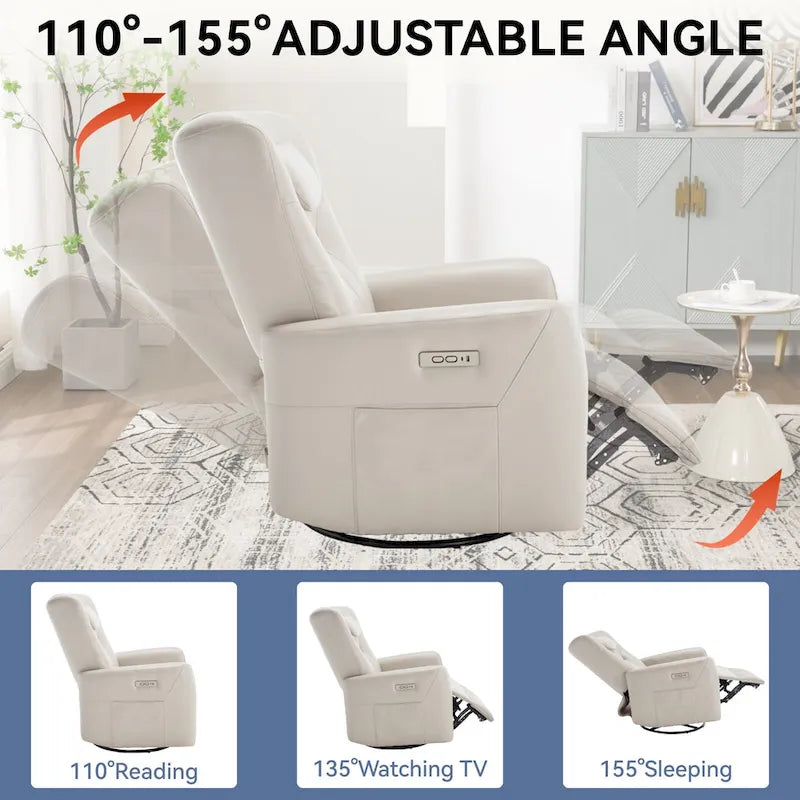 Fauteuil à bascule électrique pivotant avec oreillers de soutien lombaire et cervical.