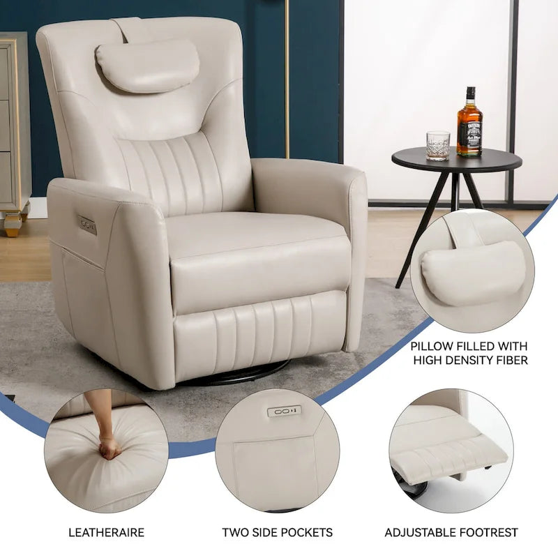 Fauteuil à bascule électrique pivotant avec oreillers de soutien lombaire et cervical.