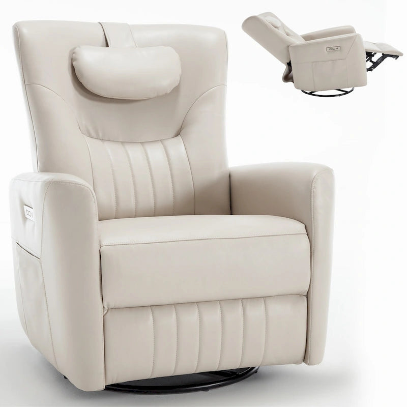 Fauteuil à bascule électrique pivotant avec oreillers de soutien lombaire et cervical.
