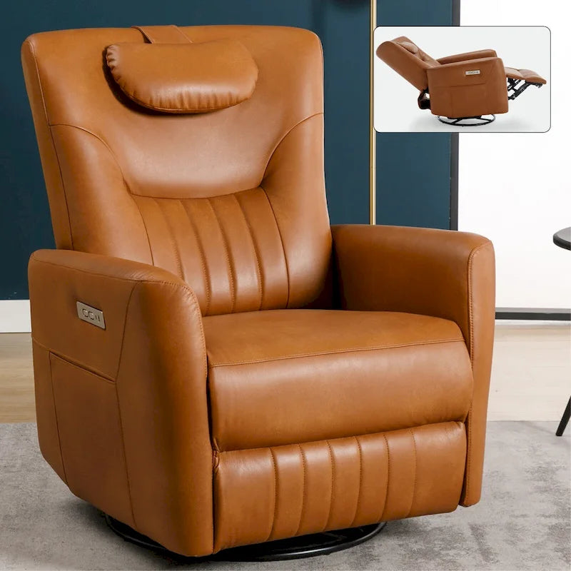 Fauteuil à bascule électrique pivotant avec oreillers de soutien lombaire et cervical.